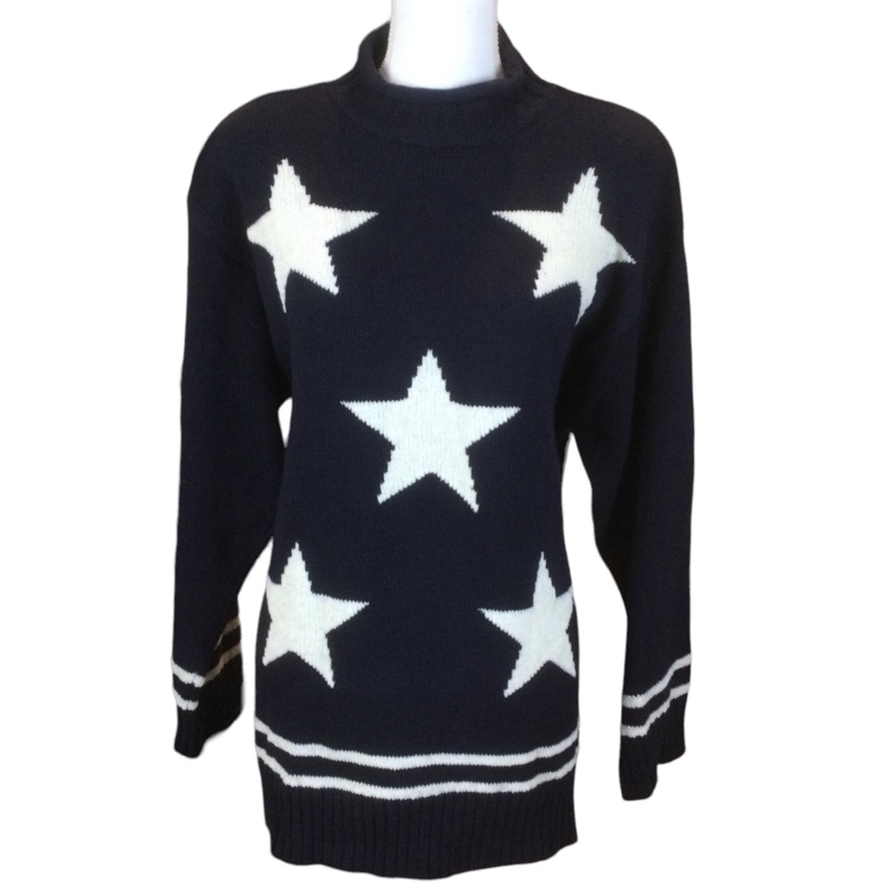 VTG Navy Star Print Knitted Mock Neck Cotton Sweater Size Large